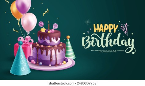 Diseño de Vector de felicitación de cumpleaños feliz. Pastel de cumpleaños con sabor a arándano, sombrero de fiesta, globos y decoración de Elementos de caja de regalo para fondo de fiesta para niños. Diseño de tarjeta de invitación de Ilustración vectorial. 
