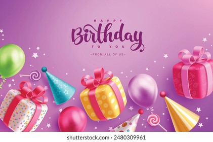 Happy birthday greeting vector design. Birthday greeting text with gift box, party hat, balloons and stars decoration elements for invitation card design. Vector illustration card template. 
