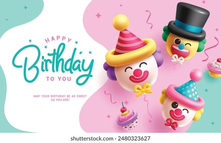 Happy birthday greeting vector design. Birthday clown balloons inflatable cup cake elements decoration in abstract background. Vector illustration invitation card design.  
