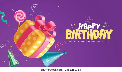 Happy birthday greeting vector design. Birthday greeting with gift box, lollipop, hat and confetti elements in purple background. Vector illustration invitation card design.
