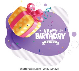Happy birthday greeting vector design. Happy birthday greeting text with yellow gift box element in purple space background. Vector illustration invitation card template.

