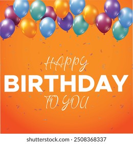 Happy birthday greeting vector design. Birthday greeting text in white orang color with balloon, party, whistle elements and paper cut clouds background. Vector illustration birthday party. EPS file