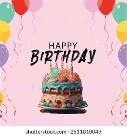 Happy birthday greeting vector design. Birthday greeting text with cake, cupcake and colorful balloons decoration elements for party invitation card background. Vector illustration birthday card