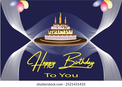 Diseño de Vector de felicitación de feliz cumpleaños. Texto de saludo de cumpleaños con pastel, fondo de gradiente colorido con Elementos de decoración para el fondo de la tarjeta de invitación del partido. 