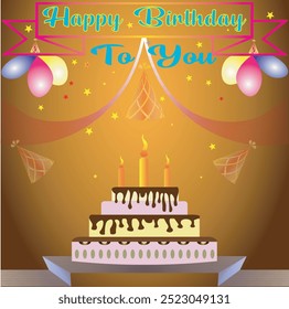 Happy birthday greeting vector design. Birthday greeting text with cake, colorful gradient background with decoration elements for party invitation card background. 