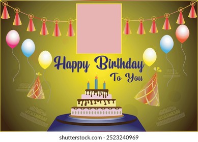 Happy birthday greeting vector design. Birthday greeting text with cake, colorful gradient background with decoration elements for party invitation card background. 