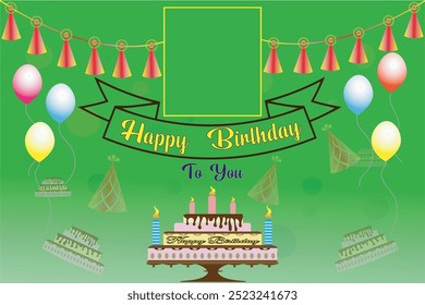 Feliz aniversário saudação vetor design. Texto de saudação de aniversário com bolo, fundo gradiente colorido com elementos de decoração para fundo de cartão de convite da festa. 