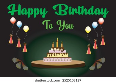 Happy birthday greeting vector design. Birthday greeting text with cake, colorful gradient background with decoration elements for party invitation card background. 