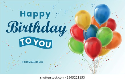 Happy birthday greeting vector design. Birthday greeting text with green, red and blue inflatable balloons for boys invitation card template. Vector illustration birth day card design.