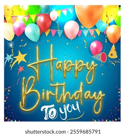 Happy birthday greeting vector design. Birthday greeting text in blue space with baloons and stars, party hat, whistle hanging elements and paper cut clouds background. Vector illustration birthday.