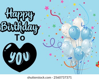 Happy birthday greeting vector design. Birthday greeting text in light blue space with gift box, party hat, whistle hanging elements and paper cut clouds background. Vector illustration birthday