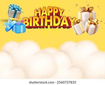 Happy birthday greeting vector design. Birthday greeting text in yellow space with gift box, party hat, whistle hanging elements and paper cut clouds background. Vector illustration birthday