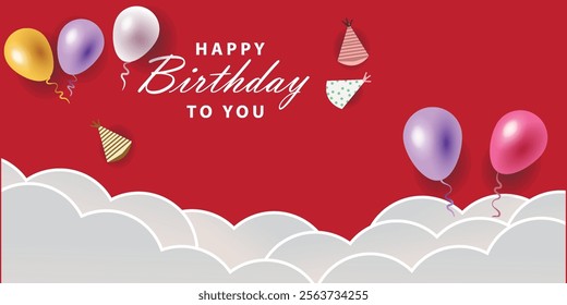 Happy birthday greeting vector design. Birthday greeting text in Red space with gift, balloons, illustration