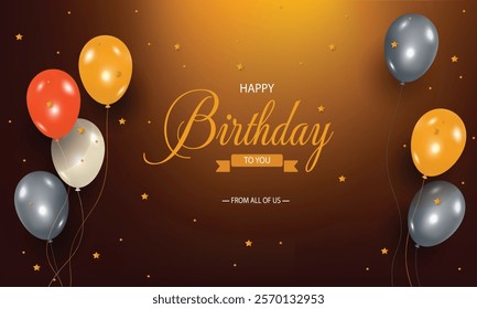 Happy Birthday Greeting vector design with Colorful Balloons and Golden Stars on Gradient Background - Perfect for Celebrations and Birthday Wishes, decoration, Greeting Cards and Invitations.