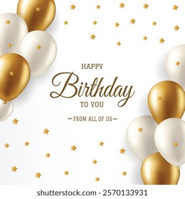 Happy Birthday Greeting vector design with Gold and White Balloons on White Background, Featuring Gold Stars - Perfect for Celebrations and Birthday Wishes, decoration, Greeting Cards and Invitations.