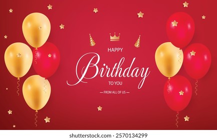 Happy Birthday Greeting vector design with Golden and Red Balloons on Red Background - Featuring Gold Star - Perfect for Celebrations and Birthday Wishes, decoration, Greeting Cards and Invitations.