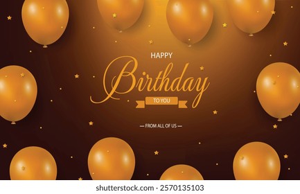 Happy Birthday Greeting vector design with Orange Balloons and Yellow Stars on Dark Brown Gradient Background- Perfect for Celebrations and Birthday Wishes, decoration, Greeting Cards and Invitations.