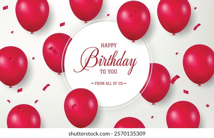 Happy Birthday Greeting vector design with Red Balloons and Confetti on White Background - Perfect for Celebrations and Birthday Wishes, decoration, Greeting Cards and Invitations.