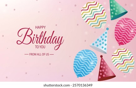 Happy Birthday Greeting vector design with Balloons and Party Hats on Pink Background - Perfect for Festive Celebrations and Birthday Wishes, decoration, Greeting Cards and Invitations.