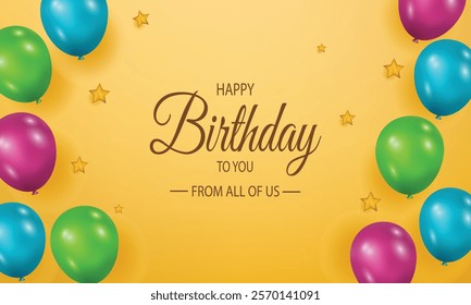 Happy Birthday Greeting vector design with Blue, Green, and Purple Balloons and Golden Stars  - Perfect for Festive Celebrations and Birthday Wishes, decoration, Greeting Cards and Invitations.