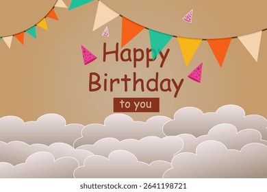 Happy birthday greeting vector design. Birthday greeting text in yellow space with gift box, party hat, whistle hanging elements and paper cut clouds background.