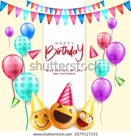 Happy birthday greeting vector design with happy 3d emoji and balloons wearing colorful party hats and happy birthday text. Vector illustration.
