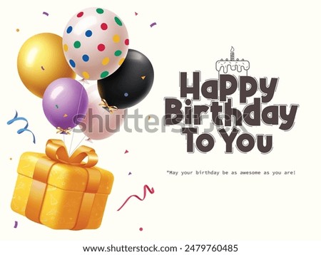 Happy birthday greeting vector design. Birthday invitation card with yellow gift box and balloons bunch floating decoration elements in simple background. Vector illustration greeting card design. 
