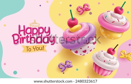 Happy birthday greeting vector design. Birthday cup cake balloons inflatable decoration elements for kids invitation card in abstract background. Vector illustration birth day card design.  
