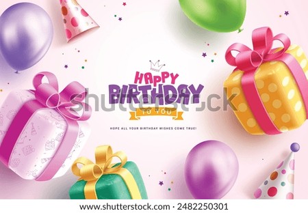 Happy birthday greeting vector design. Birthday greeting text with gift boxes, balloons, party hat and stars decoration elements. Vector illustration card background.
