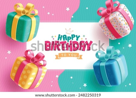Happy birthday greeting vector design. Birthday greeting text with colorful elements gift boxes surprise present in pink and blue pattern background. Vector illustration party card template.
