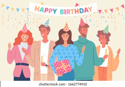 Happy Birthday Greeting Vector Funny Card. Young People Celebration Party