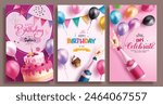 Happy birthday greeting vector poster set template. Birthday invitation card with cake, wine bottle and balloons elements decoration for girl party card collection. Vector illustration birthday 