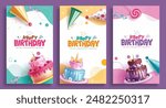 Happy birthday greeting vector poster set. Birthday invitation card with strawberry, chocolate, blueberry cake and party hat decoration elements. Vector illustration party poster collection. 
