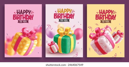 Happy birthday greeting vector poster set design. Birthday gift boxes, balloons and confetti elements for invitation card lay out collection template. Vector illustration birthday greeting design. 
