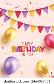 Happy birthday greeting vector poster design. Birthday greeting text with gold balloons, confetti and streamers decoration elements in pattern postcard background. Vector illustration birthday 