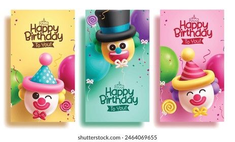 Feliz cumpleaños de felicitación de Vector poster set diseño. Globos de cumpleaños payaso Elementos inflables de la fiesta para los niños tarjeta de invitación feliz para colocar la colección. Diseño de felicitación de cumpleaños de Ilustración vectorial. 
