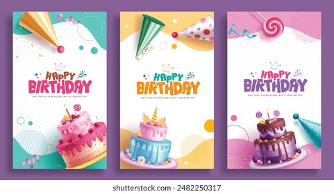 Happy birthday greeting vector poster set. Birthday invitation card with strawberry, chocolate, blueberry cake and party hat decoration elements. Vector illustration party poster collection. 
