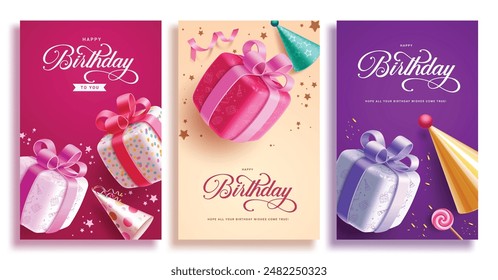 Feliz cumpleaños de felicitación de Vector poster set diseño. Tarjeta de invitación de cumpleaños con colorida caja de regalo, sombrero de fiesta y Elementos de piruleta en rojo, fondo púrpura. colección de póster de Ilustración vectorial 