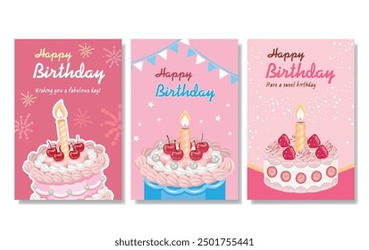 Happy birthday greeting vector poster set. Birthday invitation card with strawberry, cherry cake and candle.