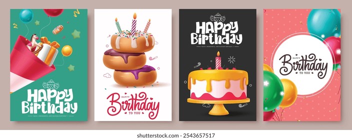 Feliz aniversário saudação vetor poster set. Convite de aniversário clip art com bolo, rosquinha, chapéu de festa e balões elementos de decoração. Coleção de design de cartão de saudação de ilustração vetorial. 
