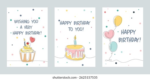 Happy birthday greeting vector poster set. Birthday invitation card with cake and party decoration elements. Vector illustration party poster collection