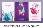 Happy birthday greeting vector set poster design. Birthday invitation card with colorful party hat and gift box elements for party decoration. Vector illustration greeting collection design.
