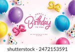 Happy birthday greeting vector template design. Birthday greeting text in white space with colorful balloons, ribbon and party hat inflatable decoration elements for invitation card background. Vector
