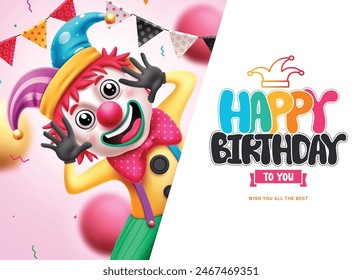 Happy Birthday Gruß Vektorgrafik Vorlage Design. Geburtstagsgruß mit bunter Clownfigur im fröhlichen und lächelnden Gesicht für Kids Party Feier Vorlage. Vektorillustration Geburtstagsgruß 