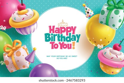 Happy birthday greeting vector template design. Birthday greeting text in white empty with cup cake balloon and gift inflatable decoration elements for invitation card template design. Vector 