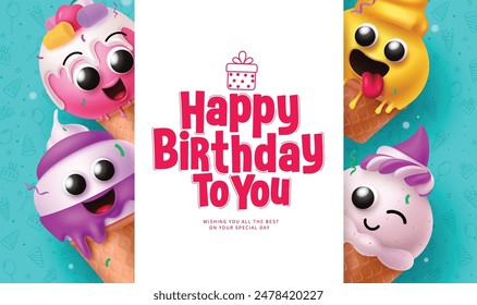 Happy birthday greeting vector template design. Birthday greeting text in white board space with cute ice cream characters decoration elements for kids party celebration card template. Vector 