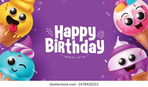 Happy birthday greeting vector template design. Birthday greeting text with cute smiling cone ice cream characters elements for kids invitation card in purple background. Vector illustration birthday 