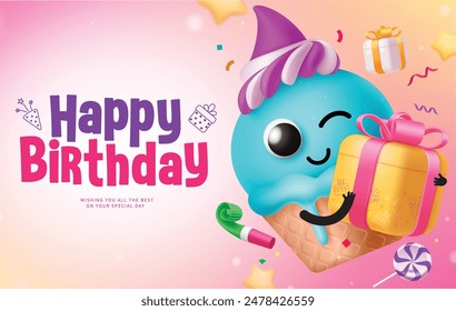 Happy Birthday Gruß Vektorgrafik Vorlage Design. Geburtstagsgrußtext mit zwinkerndem Eischarakter und Geschenkbox Partydekoration Elemente für Einladungskarten-Design. Geburtstag der Vektorillustration