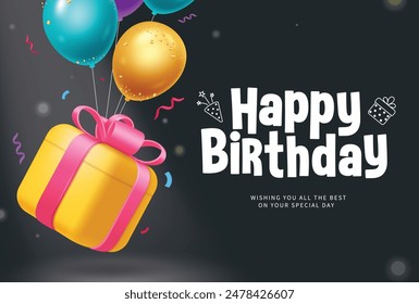 Happy birthday greeting vector template design. Birthday greeting text with yellow gift box and balloons floating surprise elements decoration for elegant invitation card background. Vector 