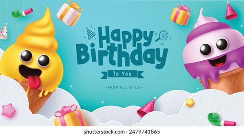 Diseño de Plantilla de Vector de felicitación de cumpleaños feliz. Texto de felicitación de cumpleaños con personajes de helado de queso y fresa y decoración de nubes de corte de papel para niños de fiesta diseño de tarjeta de invitación. Vector 